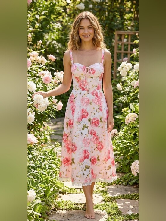 Deli.s Dresses & Skirts - dELiA*s Pink Floral Lace-Trim Midi Dress